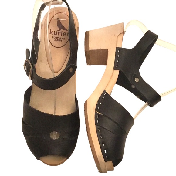 Kurier Clogs Luna Black Leather Wood Heel Mary Jane Peep-toe Sandal Sz-EU 38/7.5